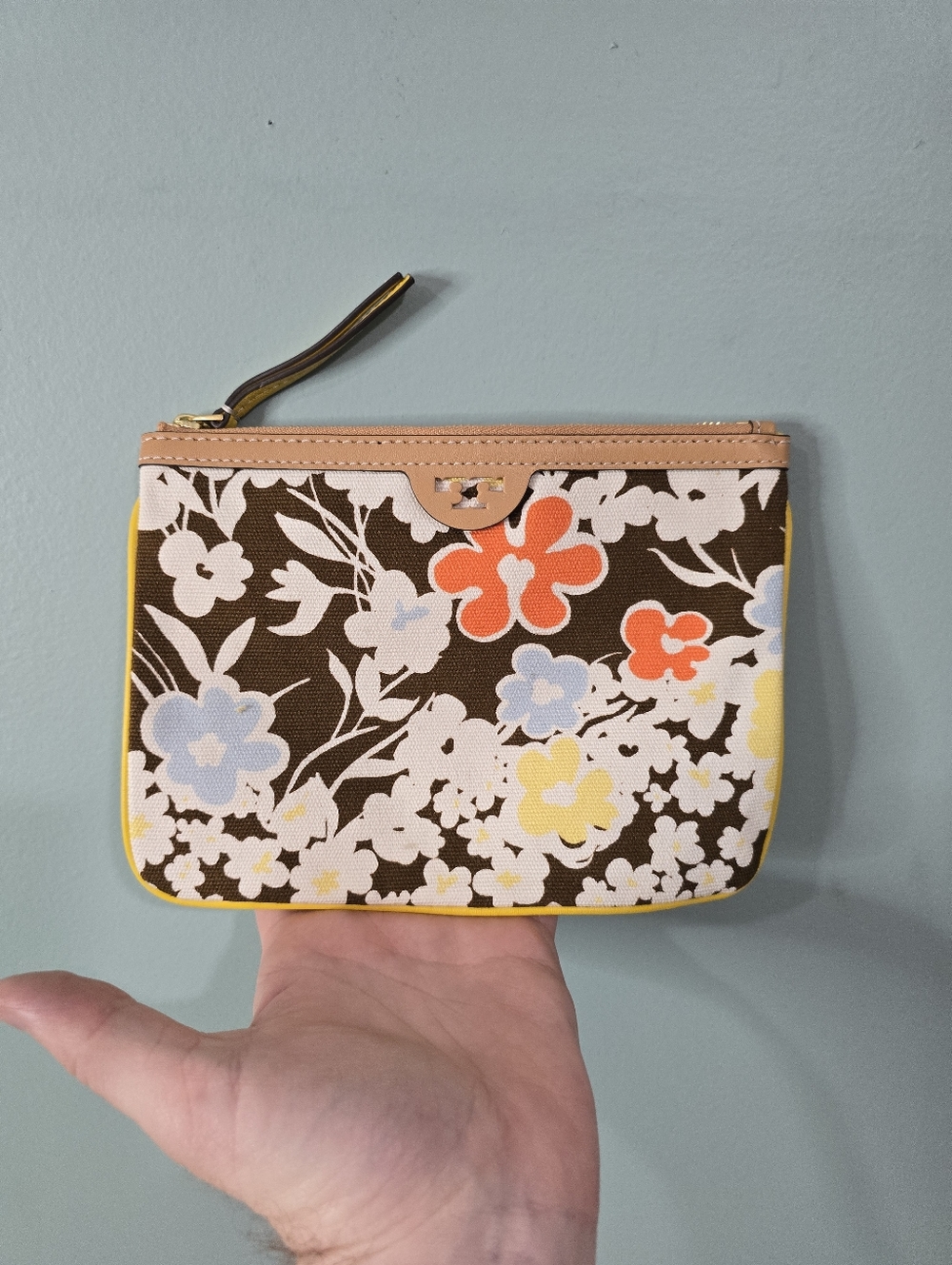 Tory Burch Reverie Yellow Brown Floral Canvas Leather Trim Envelope Pouch Small